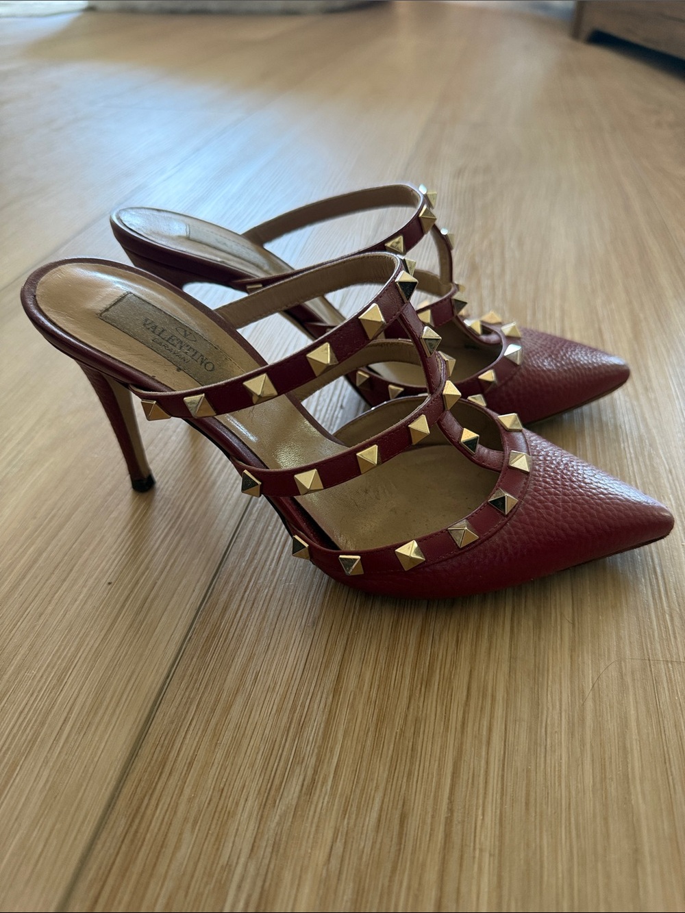 Valentino Berry Red Leather Pointed Rockstud Triple-Strap Mule Heels - Picture 3 of 8